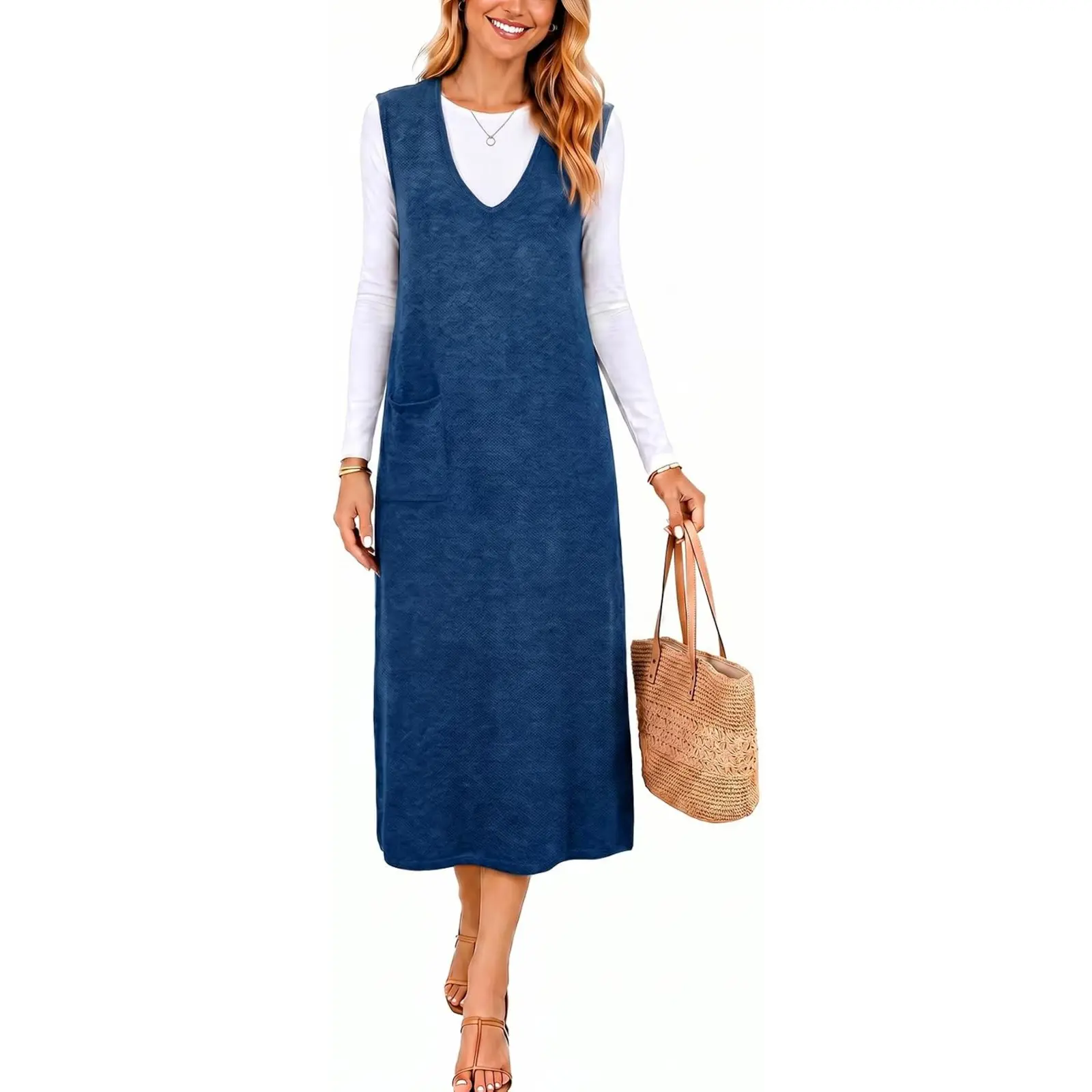 Wenrine Womens Sleeveless Sweater Dress V Neck Knit Fall Tank Maxi Dresses | Oversized,Vest Dress with Pockets,Ribbed Knit,Loose Fit,Layering,Fall Winter,Soft Cozy,Long,Daily Casual,Office,Weekends