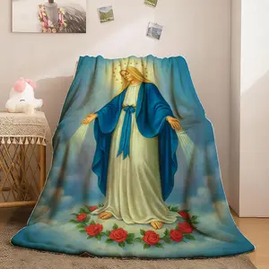 1pc Flannel Blanket with Virgin Mary Print + Divine Atmosphere Style, machine washable and easy to store, soft, skin-friendly, warm and breathable, fashionable digital print pattern, suitable for use as a bed sheet, sofa cover, air conditioning blanket, u