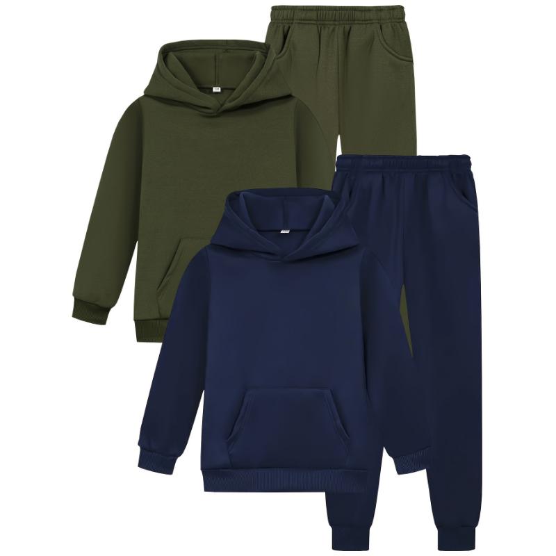 Casual Hooded Sweatsuit Set - 2 Pack Polyester Solid Color Sportswear with Pockets, Slight Stretch, Regular Fit Fall/Winter Apparel Over 3 Years Old - Comfortable Knit Jogger and Sweatshirt Combo, Outdoor