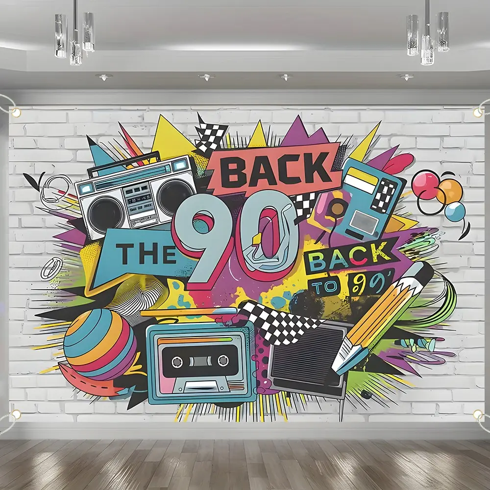 Back to the 90s Retro Backdrop Banner, 90s Throwback Party Decorations with Boombox Cassette Tape Graffiti, Durable Polyester Fabric Photo Booth Prop, Reusable Easy to Clean, Perfect for 90s Theme Party, Hip Hop Event, Birthday, Home Decor, Gift for 90s E