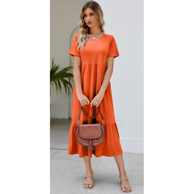 Summer Dresses for Women Flowy Maxi Sundress Short Sleeve Tiered Beach Dress with Pockets 2026 Vacation Travel new arrival fashion vacation beach outfit loose fit overall