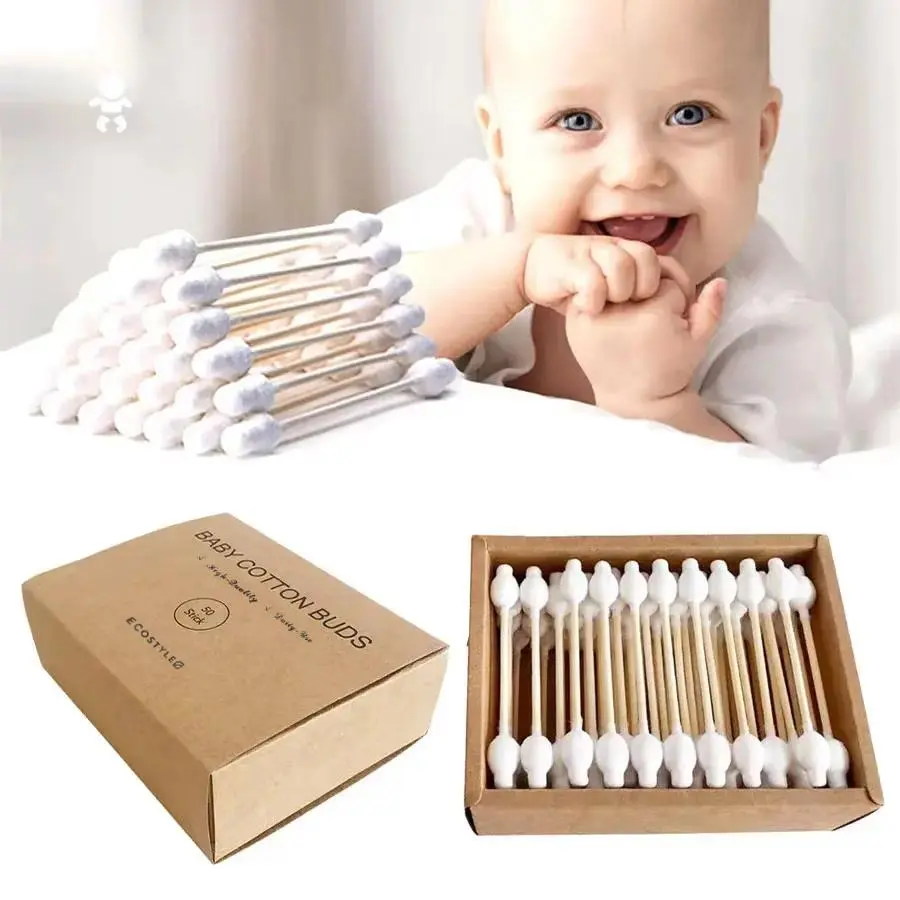 Baby Bamboo Handle Cotton Swabs, Double-Tip Multifunctional Cleaning Sticks for Ear, Nose & Kid Makeup Cleaning