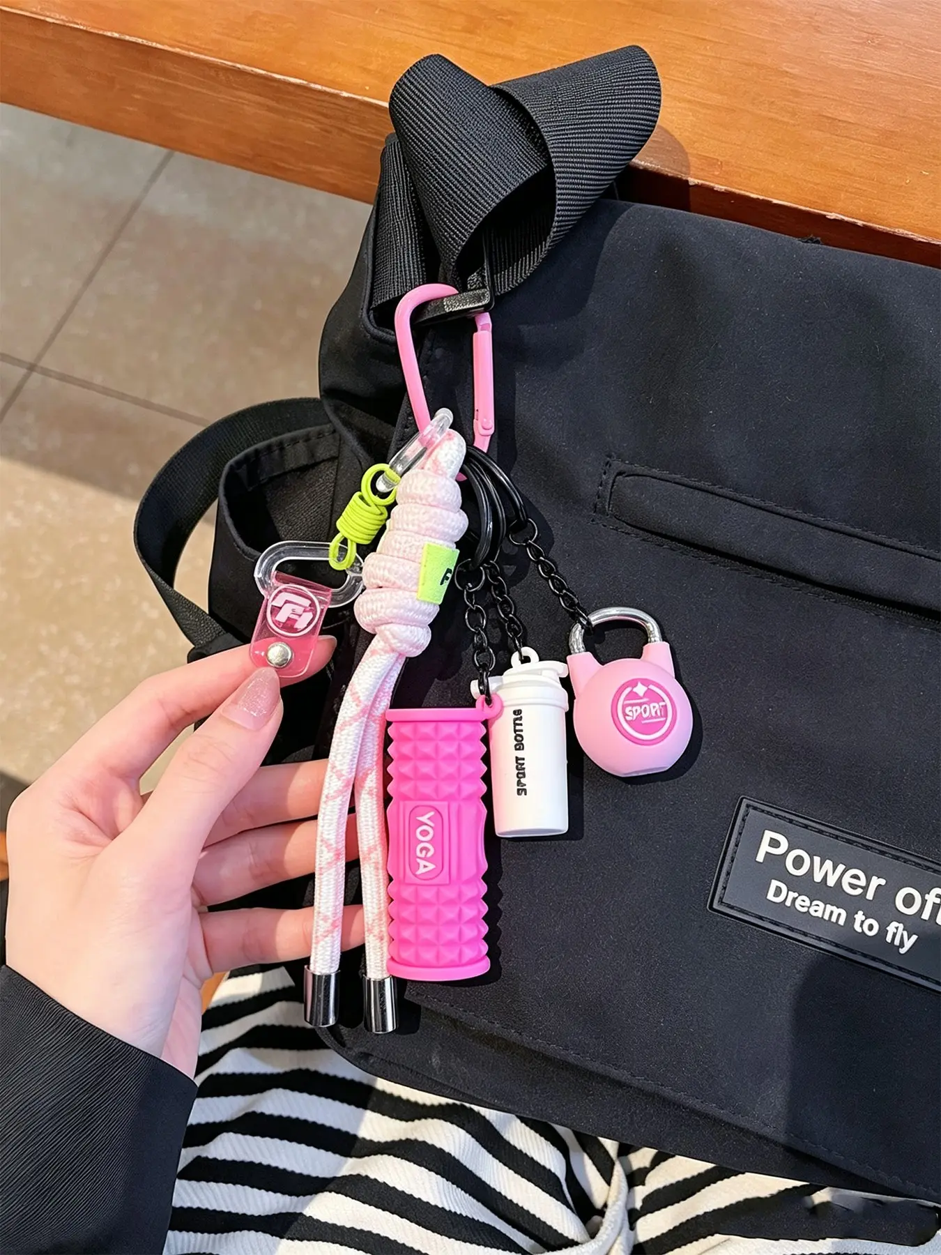 Y2K Preppy Sporty Mini Fitness Equipment Keychain, Mini Yoga Foam Roller Kettlebell Water Bottle Charms With Braided Rope Strap Carabiner, Cute Backpack Bag Pendant Streetwear Accessories Gift For Gym Lovers Teen Boys Girls