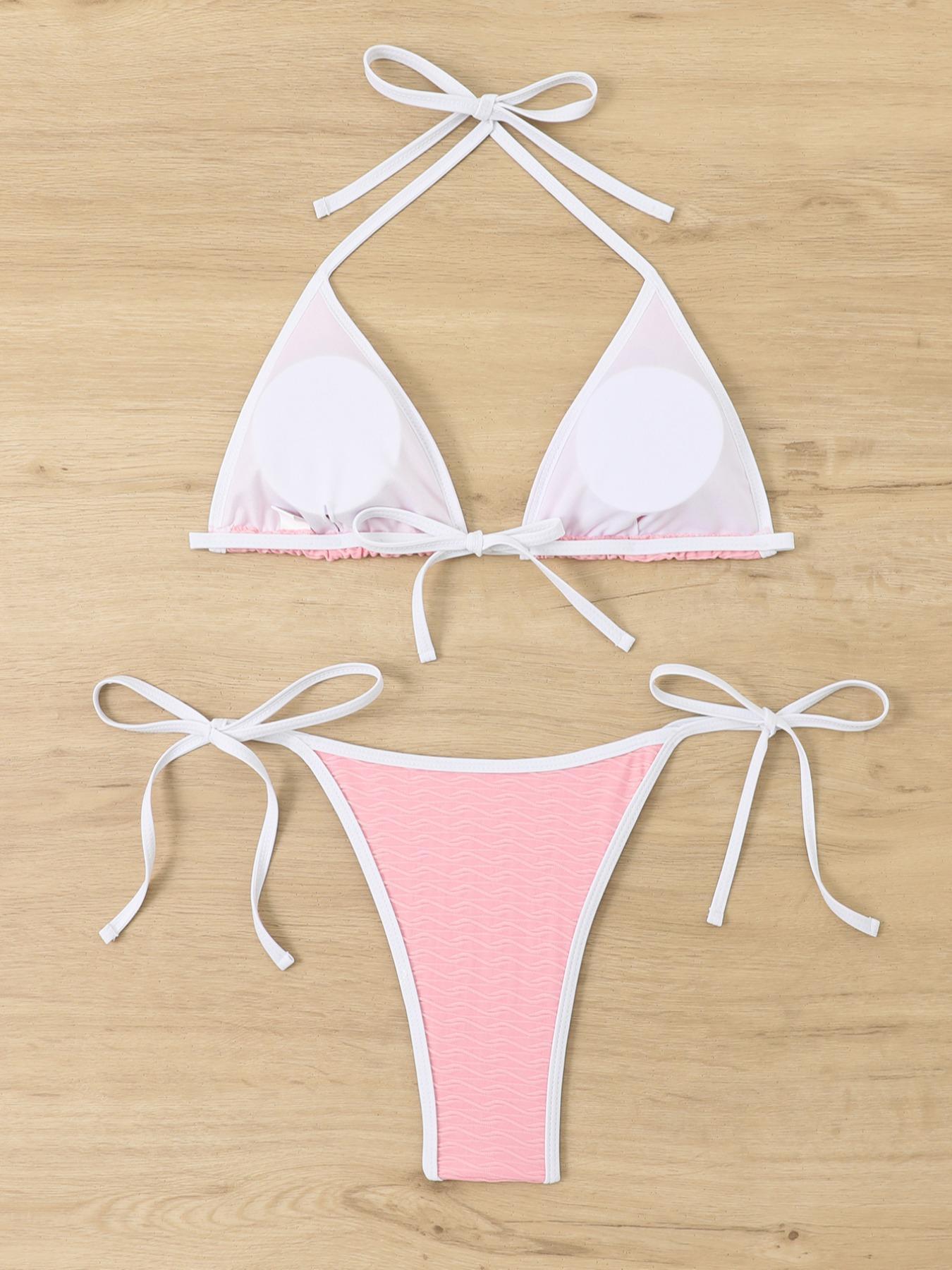 Two-Piece Set Women's Boho Contrast Binding Bikini Swimsuit, Halter Neck Tie Back Triangle Swim Bra & Tie Side Swim Bottom, Gothic Bikini, Tie Back Bikinis, Back To School Ladies Summer Swimwear for Beach Holiday Vacation Two-Piece Set Women's Boho Contrast Binding Bikini Swimsuit, Halter Neck Tie Back Triangle Swim Bra & Tie Side Swim Bottom, Gothic Bikini, Tie Back Bikinis, Back To School Ladies Summer Swimwear for Beach Holiday Vacation