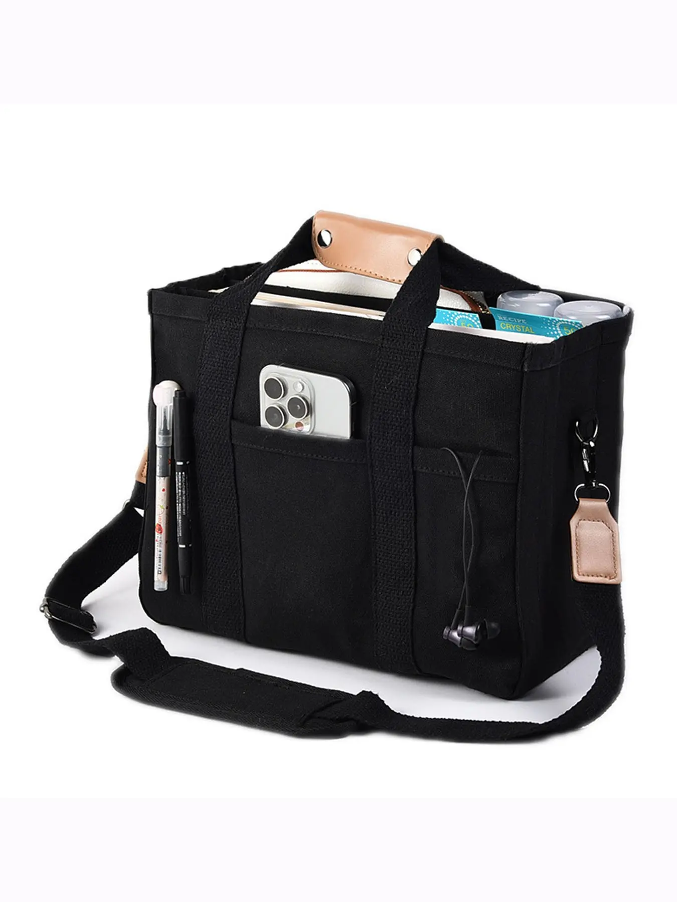 Multi Pocket Canvas Tote Bag with Pen Slots, Detachable Shoulder Strap Work Handbag, Large Capacity Daily Commute Crossbody Bag for Office Travel School Supplies Storage, Crossbody Fashion Bag, Fashionable Bag, Canvas Bags