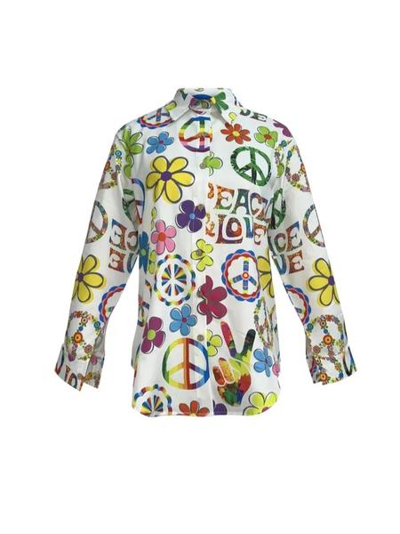 Women's Bohemian Style Printed Long Sleeve Shirt, Vibrant Peace Love Design, Casual Button Up for All Seasons Women's Bohemian Style Printed Long Sleeve Shirt, Vibrant Peace Love Design, Casual Button Up for All Seasons