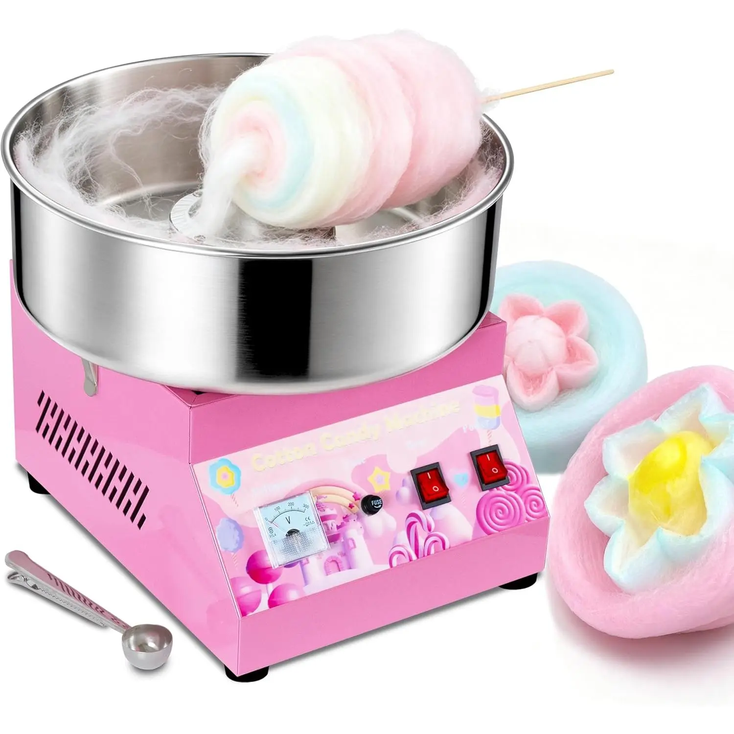 Commercial Corded Electric Candy Floss Maker - 1000W, 15" Diameter (38cm) Stainless Steel Round Bowl, Double Function, Sugar Scoop, Durable, Easy Cleaning, Heat Dissipation, Overheat Safe, Industrial Look, Quick Setup, Ideal for Carnival, Business Users