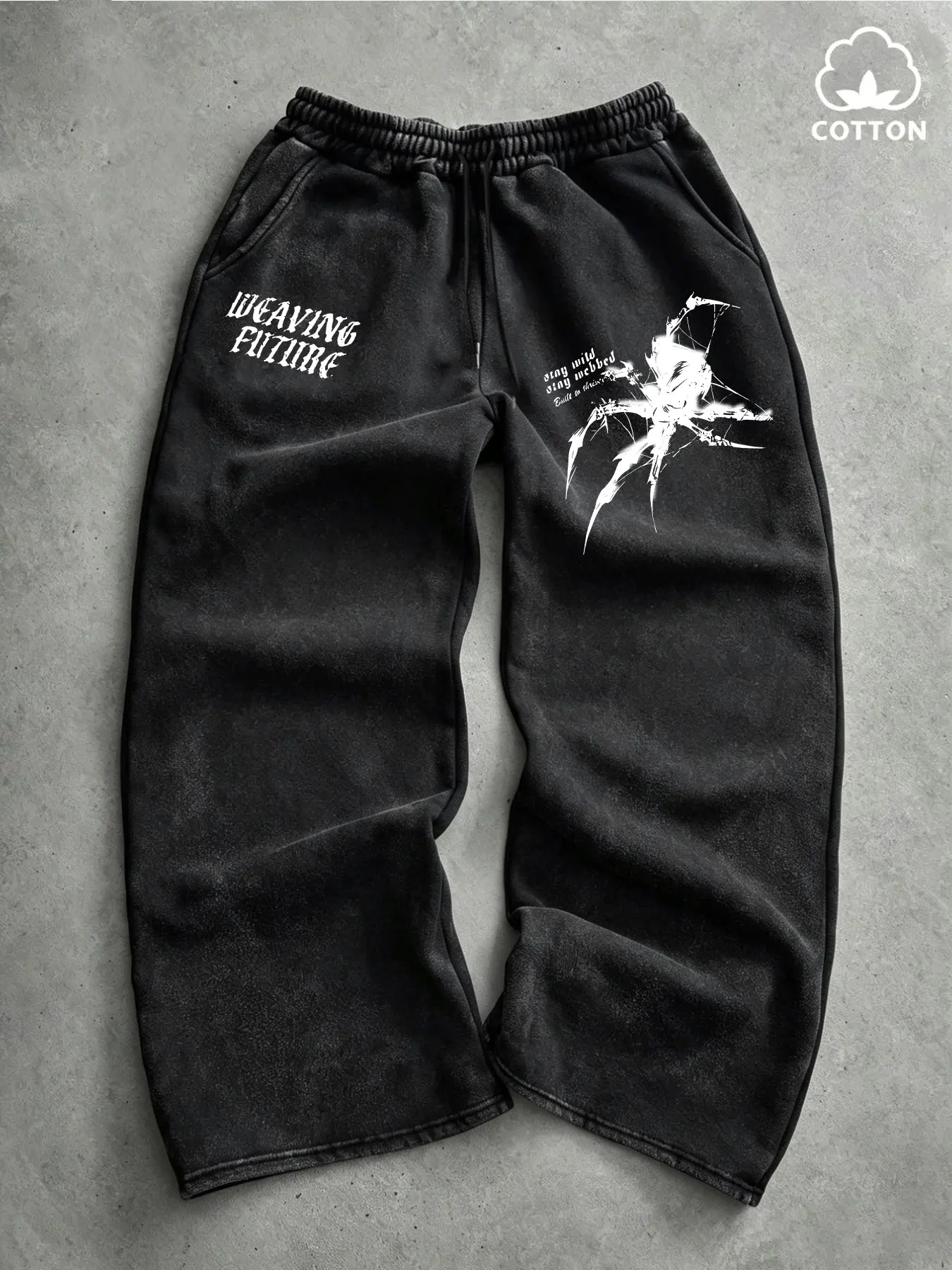 Cotton Fabric Elastic Waist Printed Sweatpants, Gothic Graphic Sweatpants, Gothic Spider Print, Stretchy Streetwear, Comfortable Unisex, Spring & Fall