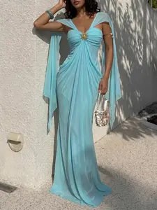Women's Casual Formal Sky Blue Chiffon Cape Sleeve Maxi Dress, Grecian Goddess Gown for Wedding, Evening & Cocktail Outfits, Spring Sale Deals 2026, Skin-Friendly Sheer Fabric #springsaledeals2026 #everydayoutfits #womengown #partywear