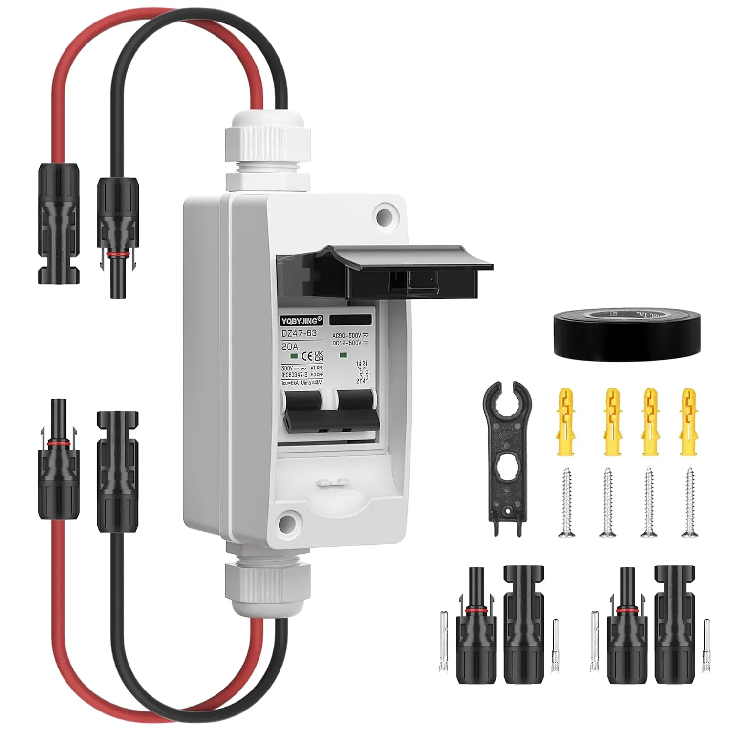 Solar Panel Disconnect Switch 20Amp DC AC Miniature Circuit Breaker 500V 2 Poles with PV Connector and IP65 Waterproof UV-Proof Box for Outdoor Solar PV Homes Battery