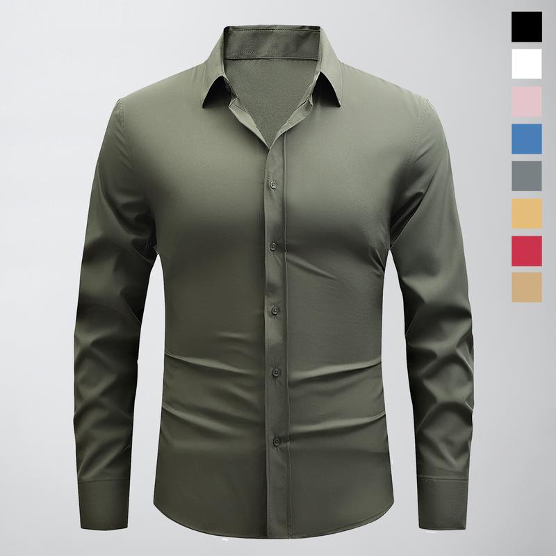 Non-stretch men’s slim-fit long-sleeve shirt; casual button-front dress shirt suitable for semi-formal and business-casual occasions; men’s formal inner layer; solid-color pointed-collar button-front long-sleeve shirt; menswear