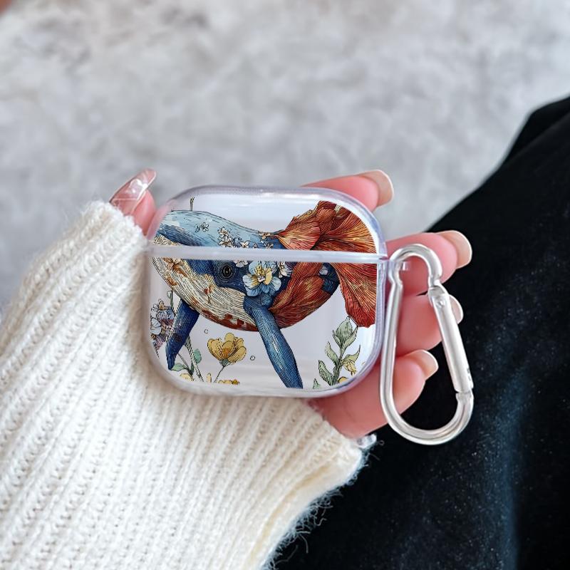 Whale in Bloom Pattern TPU Soft Protective Case for Apple AirPods 4/3/2/1/Pro/Pro2 Transparent Earphone Cover with Keychain Attachment