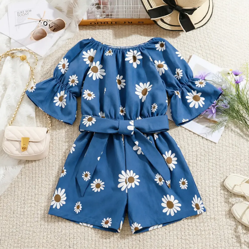 Girls' Floral Print Romper with Ruffle Sleeves, Loose Fit Cotton Summer Playsuit with Lace-Up Waist for Kids Outdoor Play, Round Neck