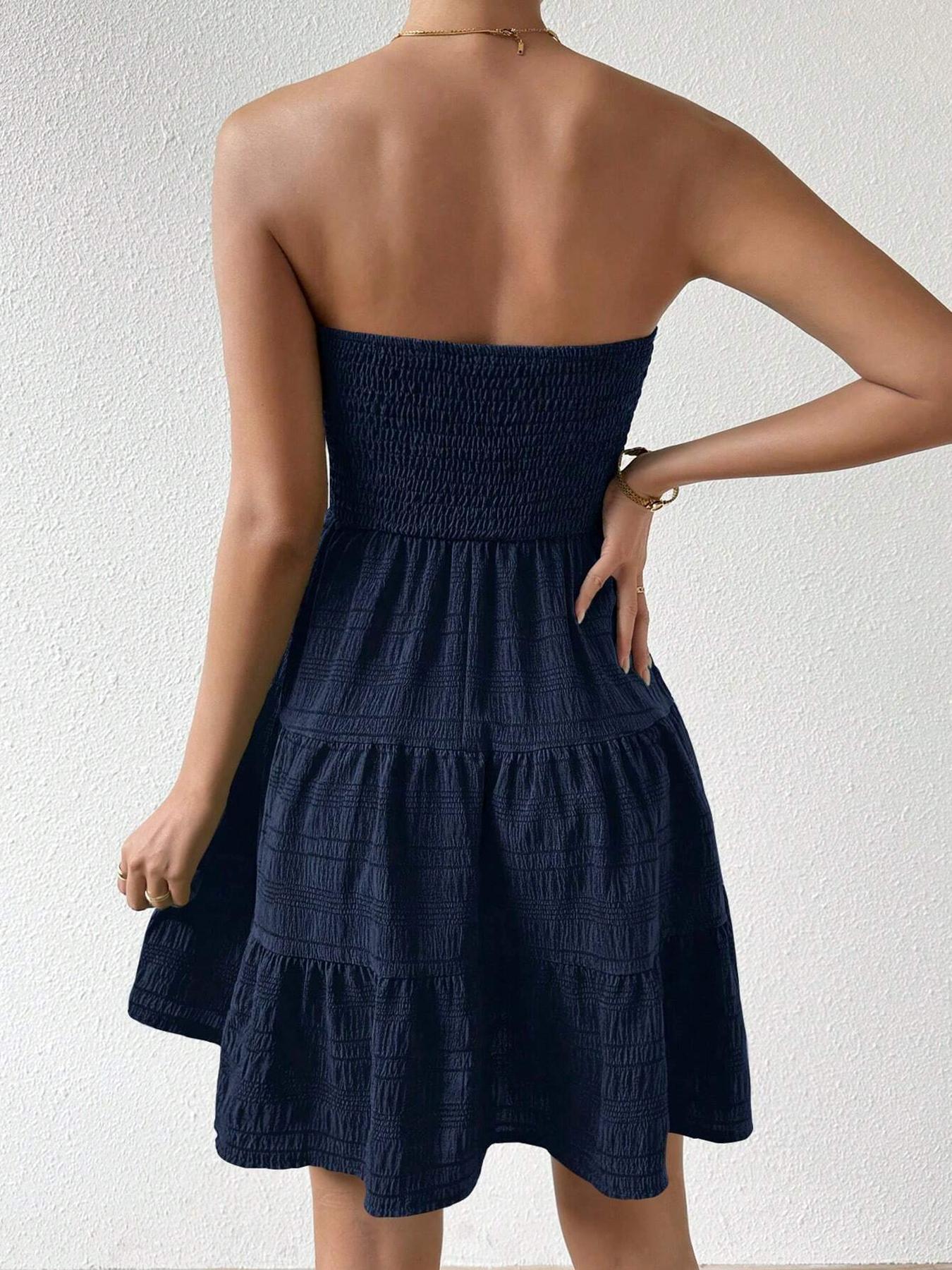 Women's Solid Shirred Frill Ruffle Hem Tube Dress, Fashion Casual Sleeveless Strapless A Line Dress for Daily Outdoor Wear, Women Dress for Summer, Summer Dresses, Womenswear, Lady Formal Elegant Dress