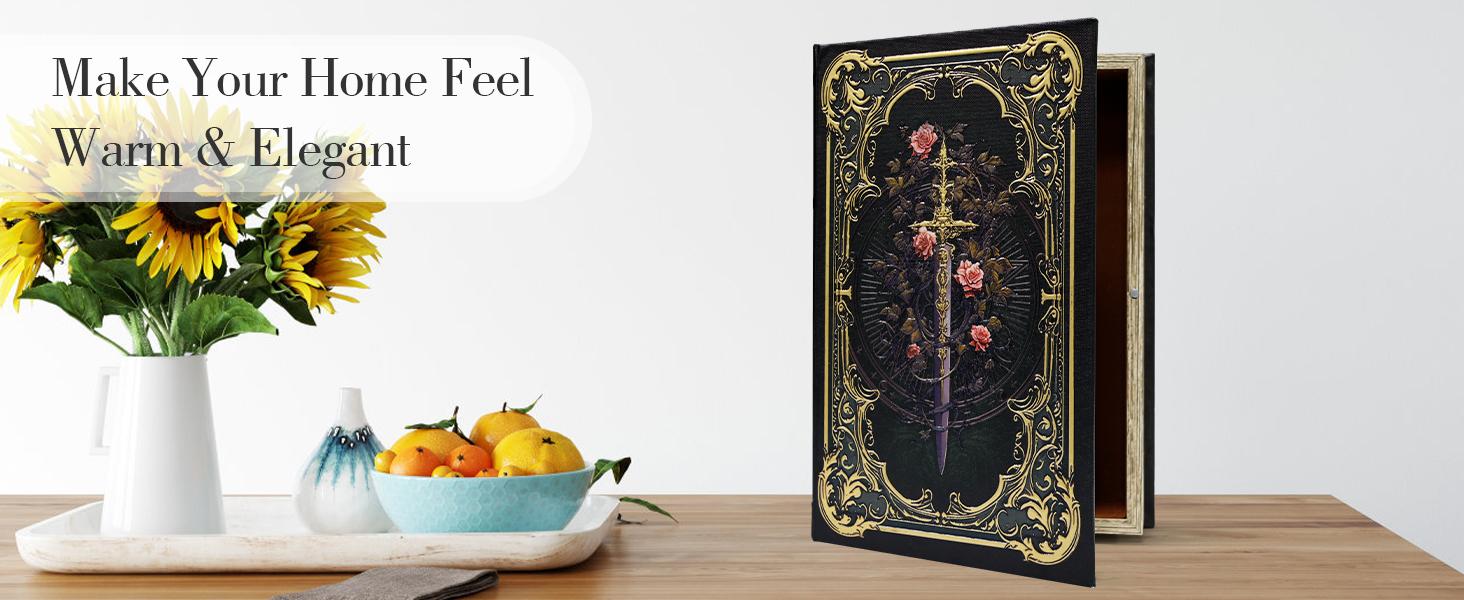 Premium Canvas Book Shaped Box with Gold Foil Decorative Storage,Secret Safe for Valuables, Remote Control Holder Elegant Home Office Decor Large Size Box