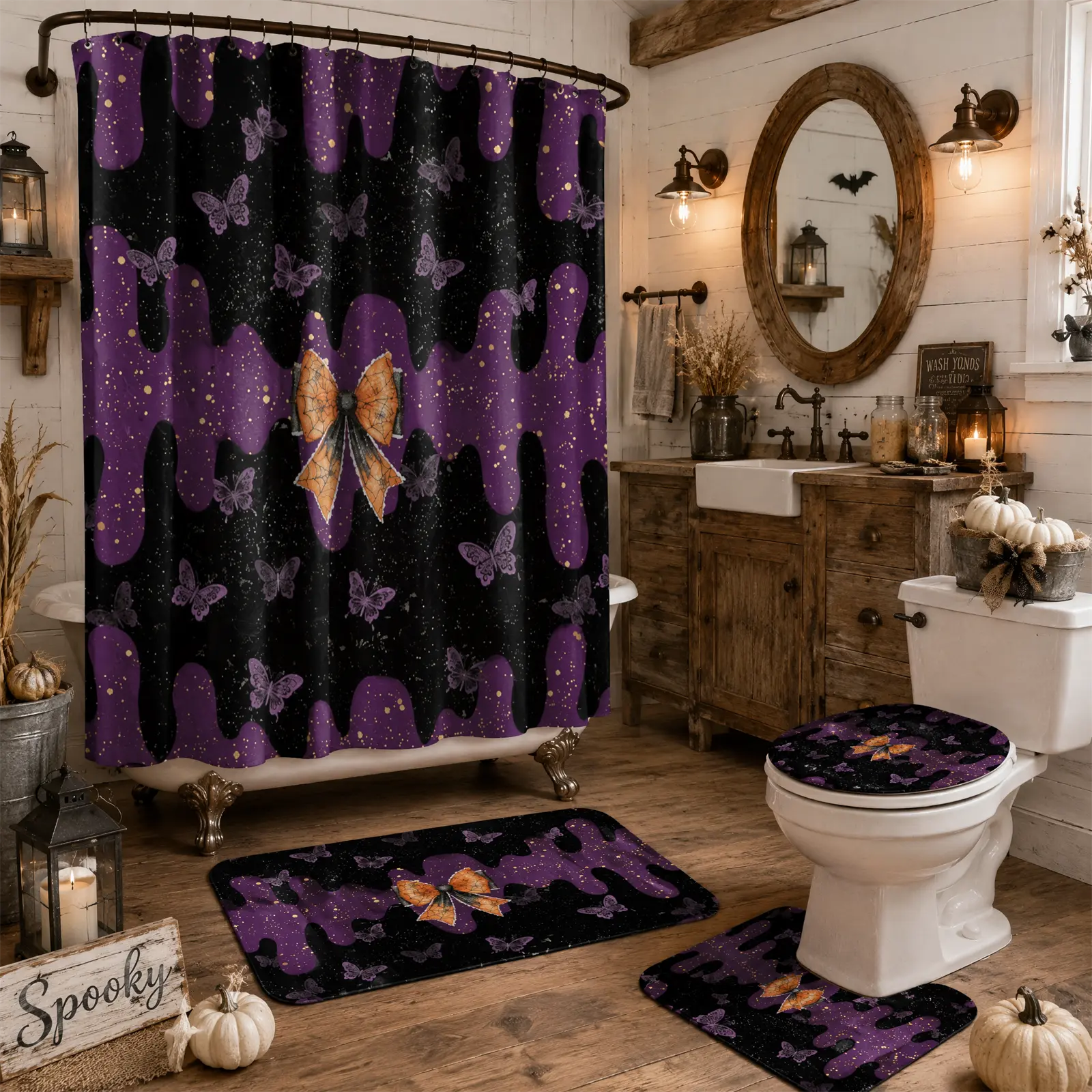 Purple  Butterfly Bow 4 Piece Shower Curtain Bathroom Set, Cute Goth Spooky Halloween Black Background Print, Waterproof Fabric Shower Curtain, Non Slip Bath Mat, U-Shaped Contour Rug, Toilet Lid Cover with 12 Hooks, Pastel Gothic Halloween Bathroom Decor