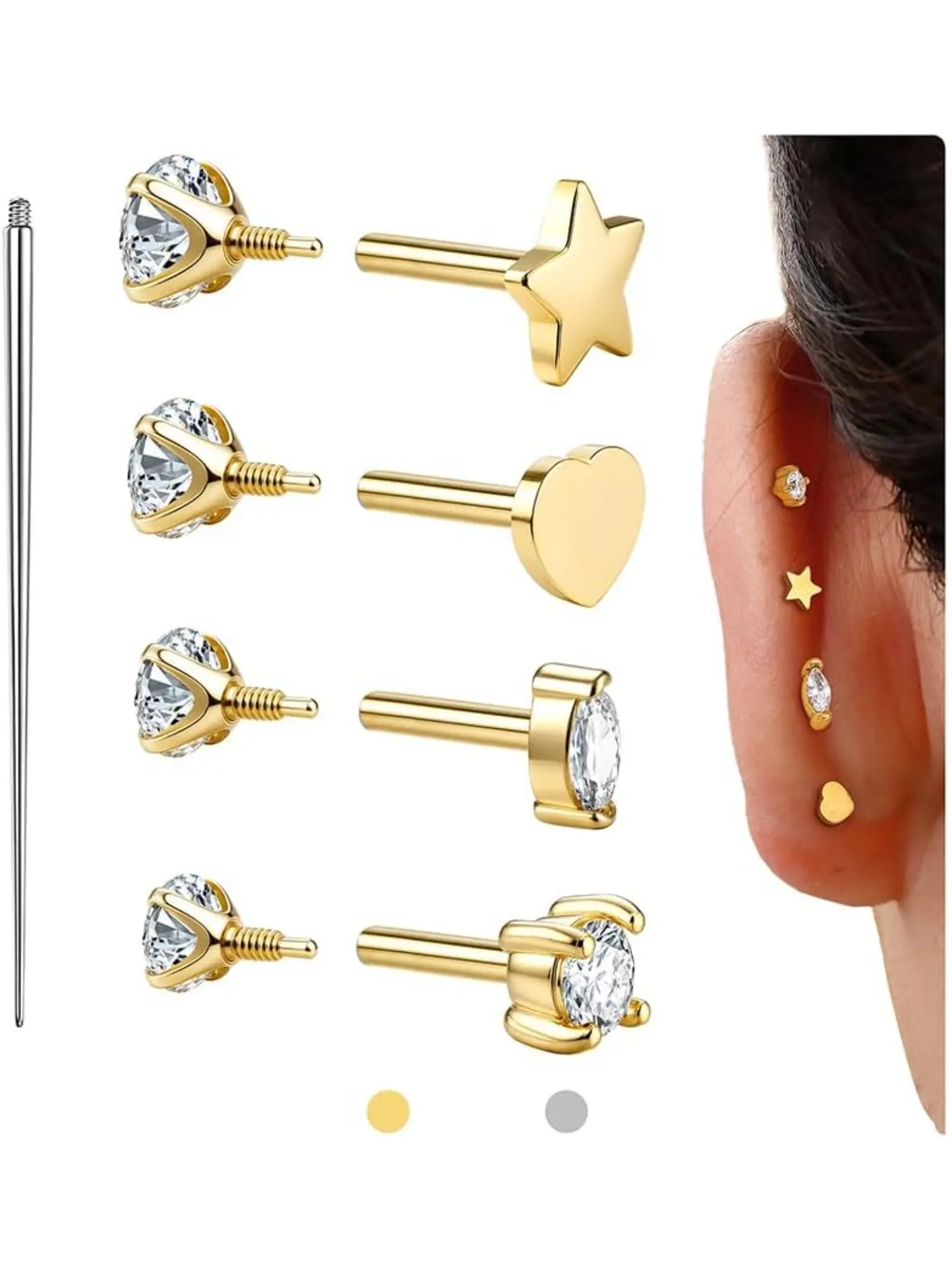 18g Flat Back Earrings, Hypoallergenic 14k, Stainless Steel Reversible Studs, Cartilage Helix Tragus Conch Piercing Jewelry