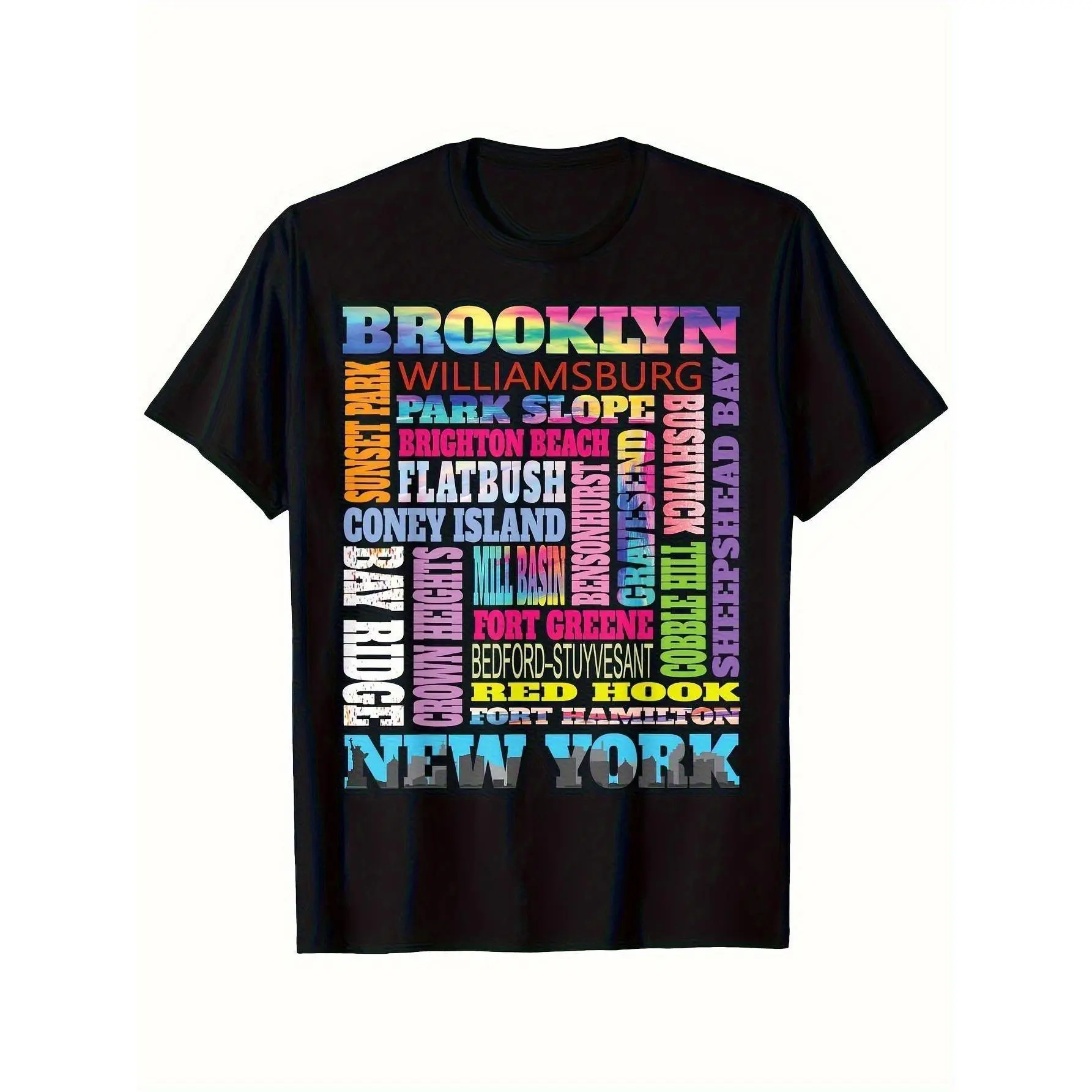 Men's Oversized Brooklyn NYC Neighborhoods Rainbow Gradient City Skyline Graphic Tee, 100% Cotton Breathable Crew Neck Casual Humor Streetwear Relaxed Short-Sleeve Tee