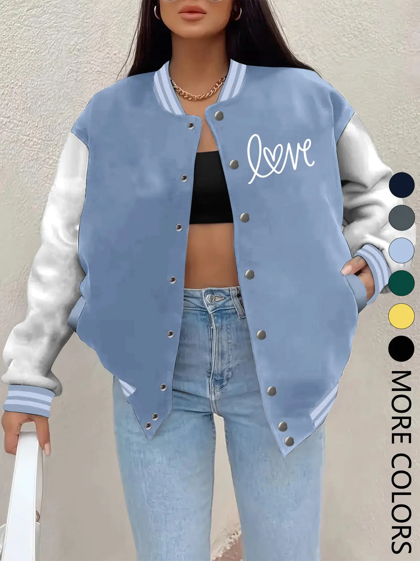 New Fall Winter Women's Baseball Jacket, Creative Heart Print, Casual Sporty Outerwear, Comfortable Versatile Coat, Hip-Hop Style, Multiple Colors