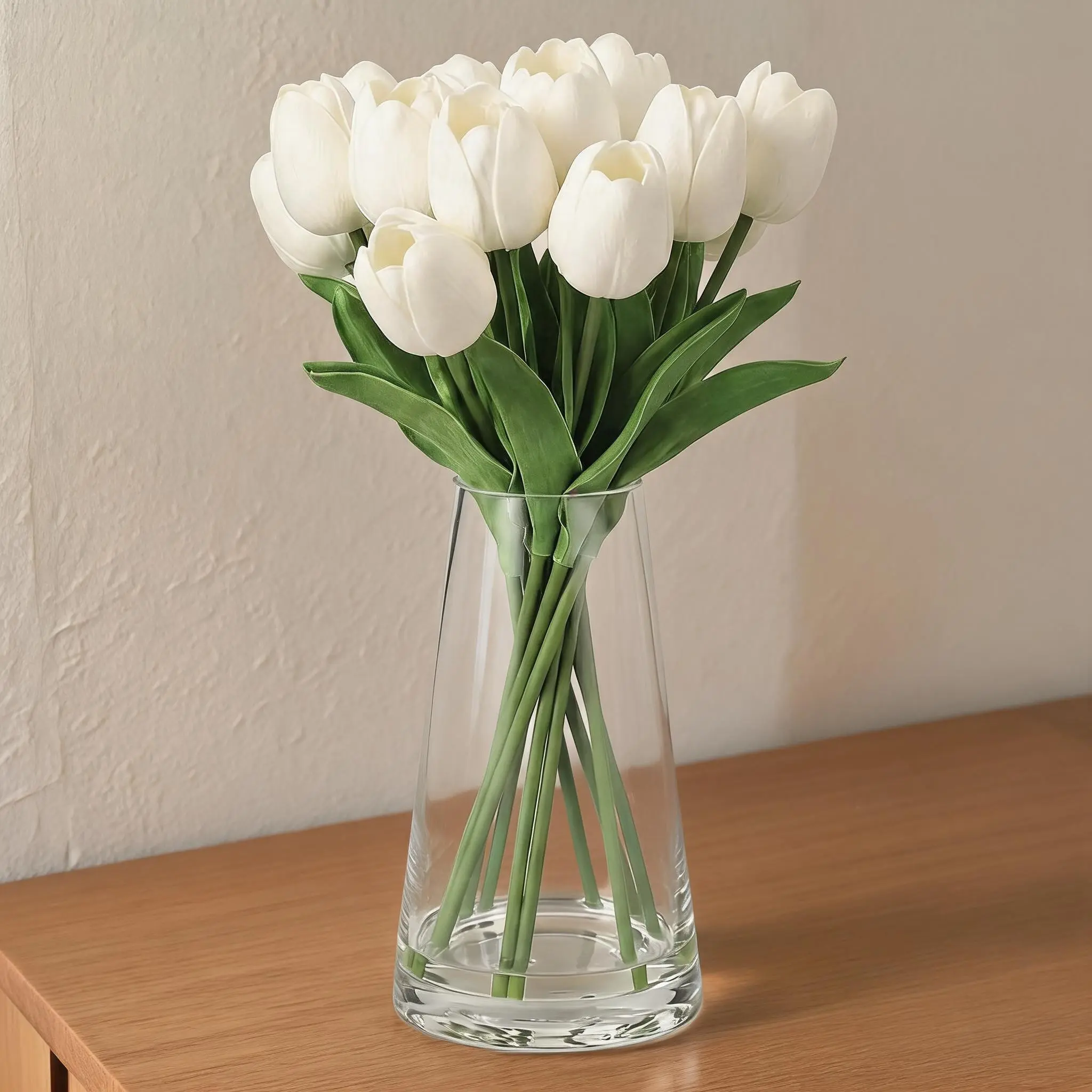 10Pcs Artificial Tulips Flowers with Vase,White Fake Tulips Flowers-Easy to Maintain,13.9" Lifelike PU Fake Floral for Mothers Day, Spring Bouquet  Floral for Home, Office,Table Decor