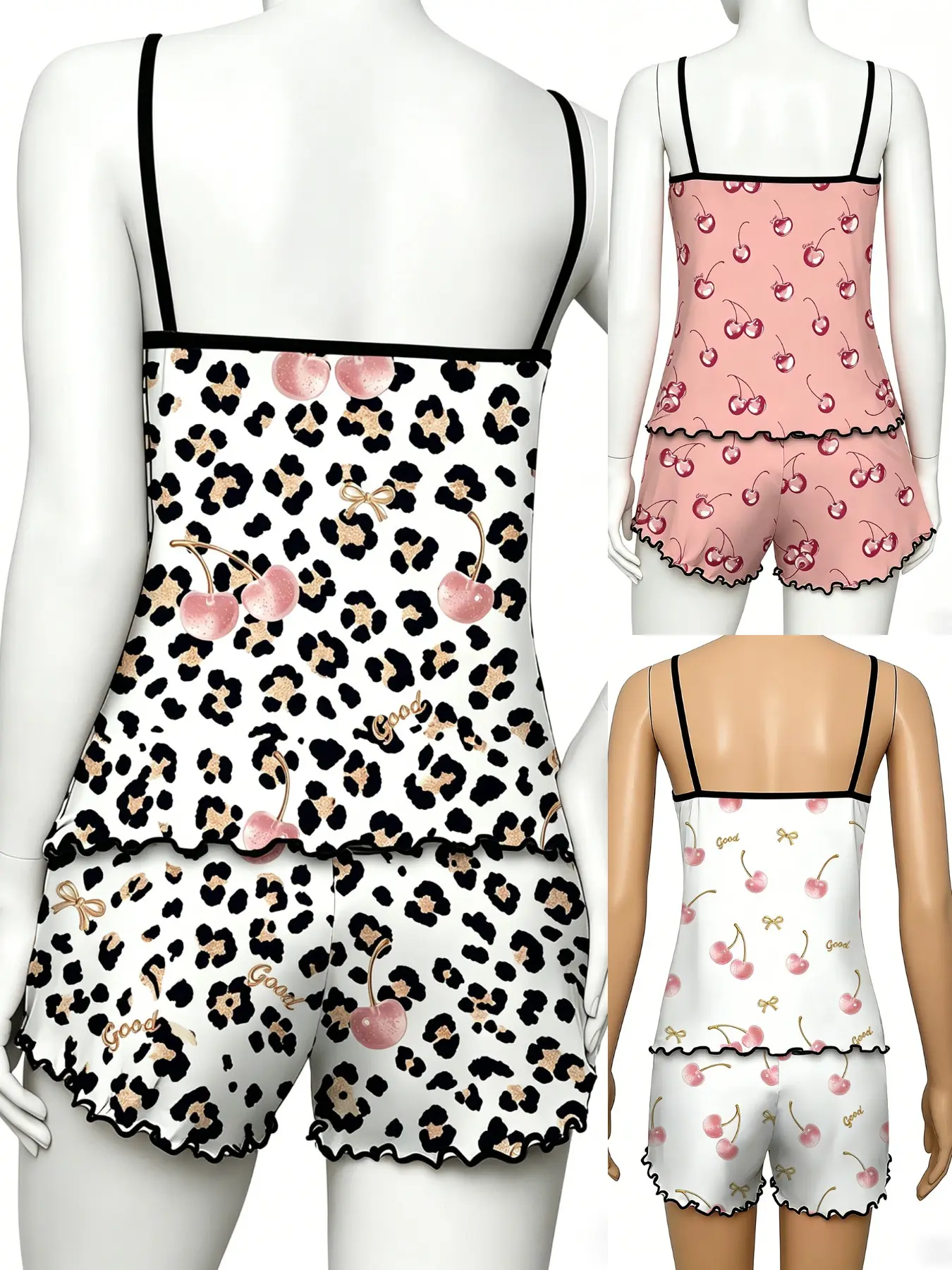 Women's Sleepwear 6 Piece Matching Bundle Y2K Coquette Aesthetic Cherry Leopard Print Summer Sweet Cute Edgy Style Spaghetti Strap Lettuce Ruffle Hem Contrast Trim Silky Breathable Lightweight Cami Short Pant Set Home Sleepover Lounge Wear