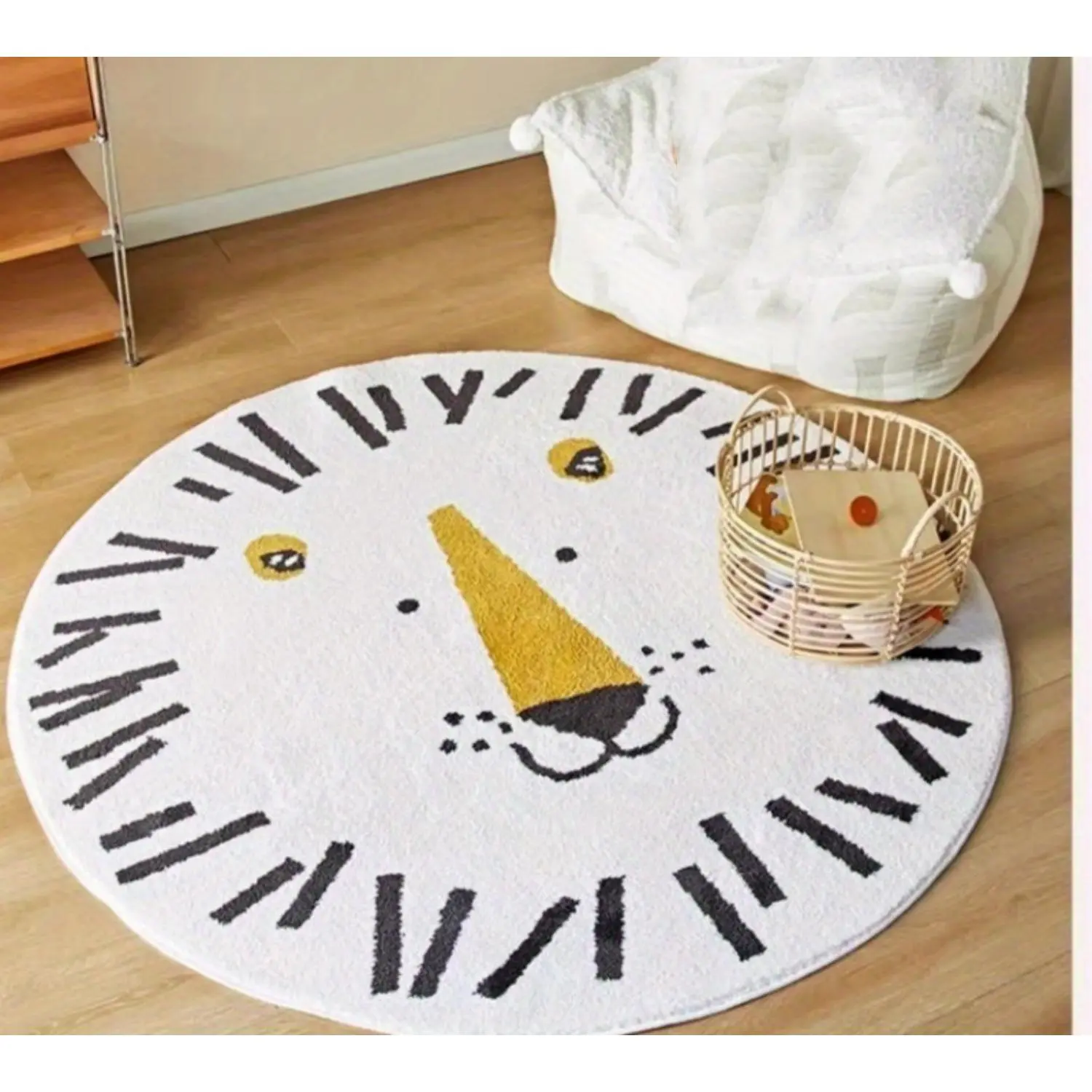 Round Flannel Weave Carpet - 100% Polyester, Wrinkle Resistant, Cute Lion Animal Motif, Modern Simple White Living Room Floor Mat, Home Decoration, One Piece, 100X100 (39X39)