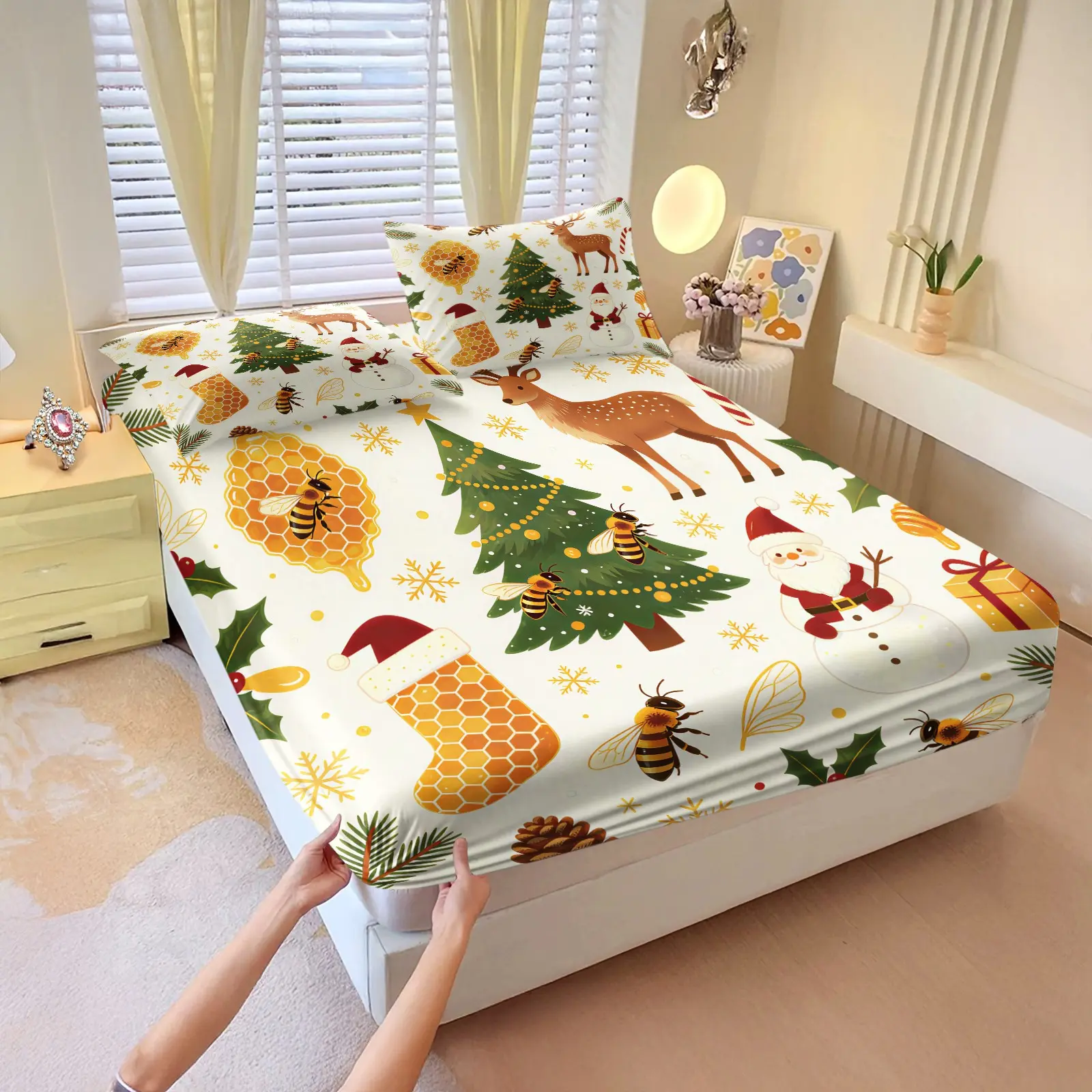 3pcs Artistic Creative Christmas Fitted Sheet Set with Multi-Style Holiday Prints, Machine-Washable Skin-Friendly Fabric, Mattress Protection Design, Perfect for Festive Bedroom Ambiance, All-Season Bedroom Decor (Pillow Inserts Not Included)
