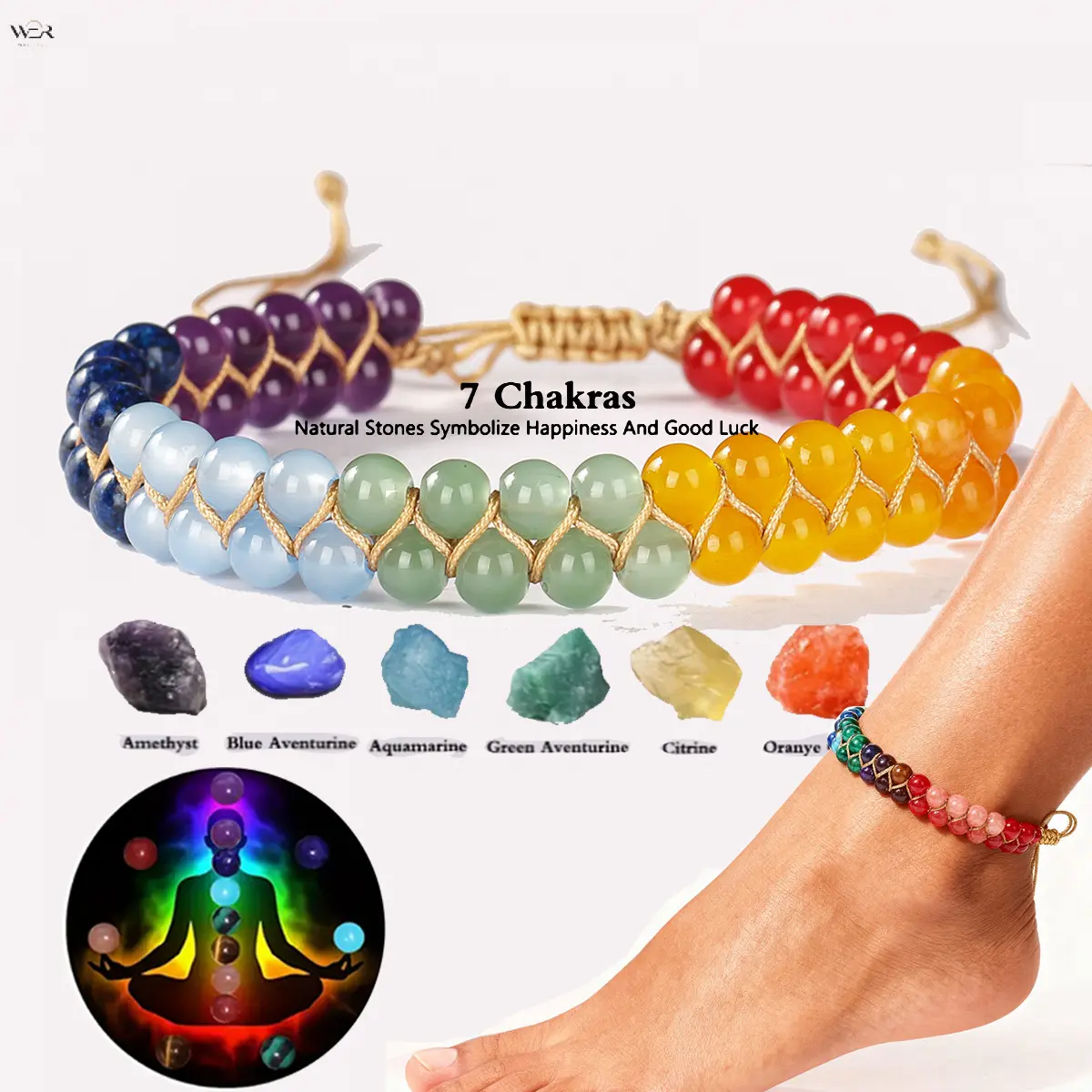 7 Chakra Natural Stone Beaded Bracelet for Women Men, Hand Woven Adjustable Braided Rope Healing Crystal Bead Bracelet, Rainbow Energy Stone Bracelet Spiritual Meditation Jewelry Gift