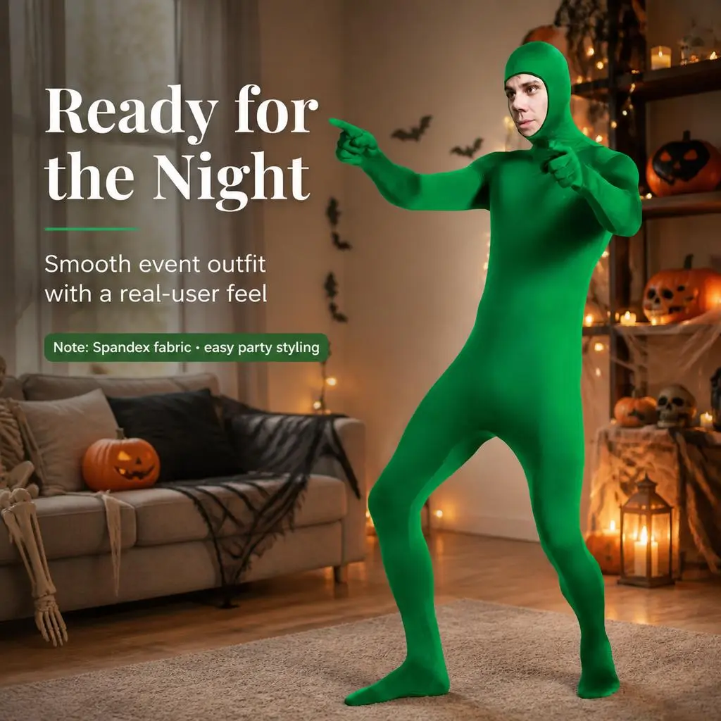 Adult Green Full Body Spandex Zentai Suit, Hooded Hand Foot Integrated Stretch Bodysuit, Full Coverage Skin‑Tight Jumpsuit, Halloween Themed Cosplay Costume for Stage Performance, Video Shooting, Carnival Party