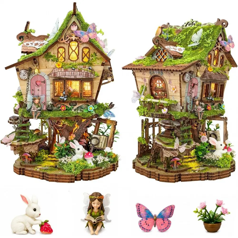 Spilay Wood DIY Miniature Dollhouse Kit for Adults - Warm Lighting, Furniture Included, Craft Building Set for Bookshelf House Decoration & Creative Gifts for DIY Crafting Enthusiasts