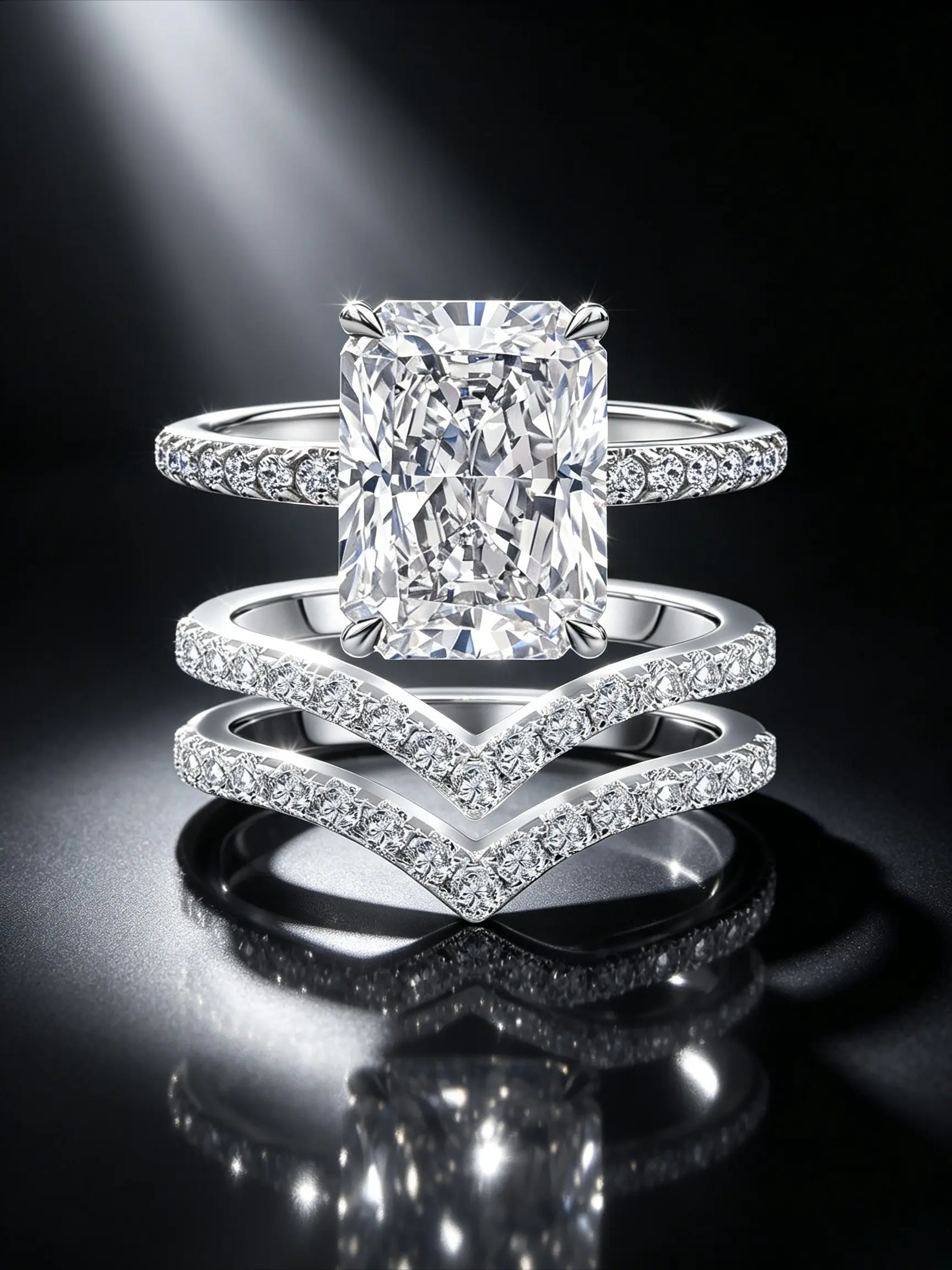 Radiant Cut Rectangle CZ Bridal Ring Set, Elegant Fashion Rings, Gold&White Gold Tone Available Emerald Cut Main Stone 4Prong Bead Setting, Petal Pavé Shank, Plain or V-Shape Wedding Band Optional Hypoallergenic Fade Resistant Wedding Jewelry Gift