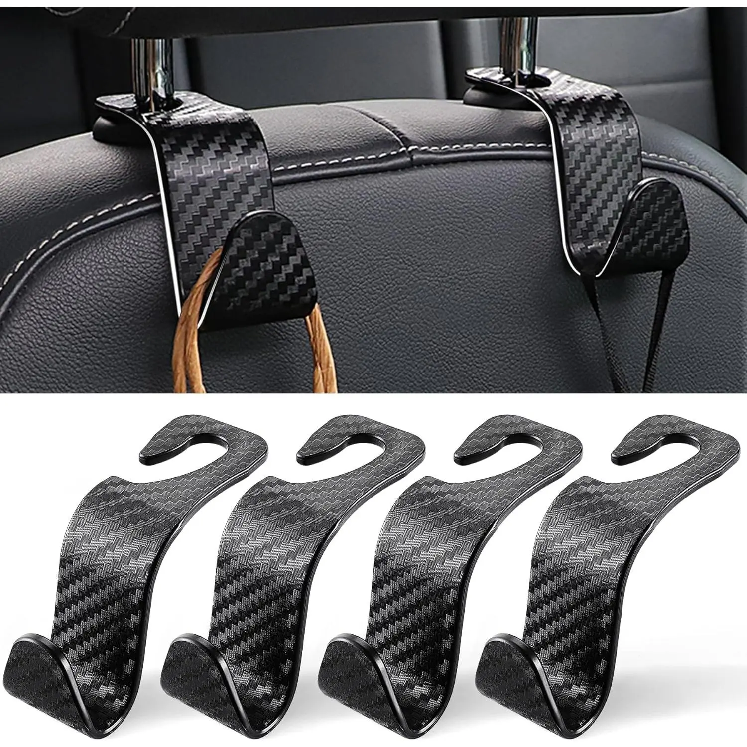 Carbon Fiber Black Car Purse Hook Set - 4 Pack Modern Universal Auto Seat Headrest Hanging Aid Organizer for Coats, Groceries