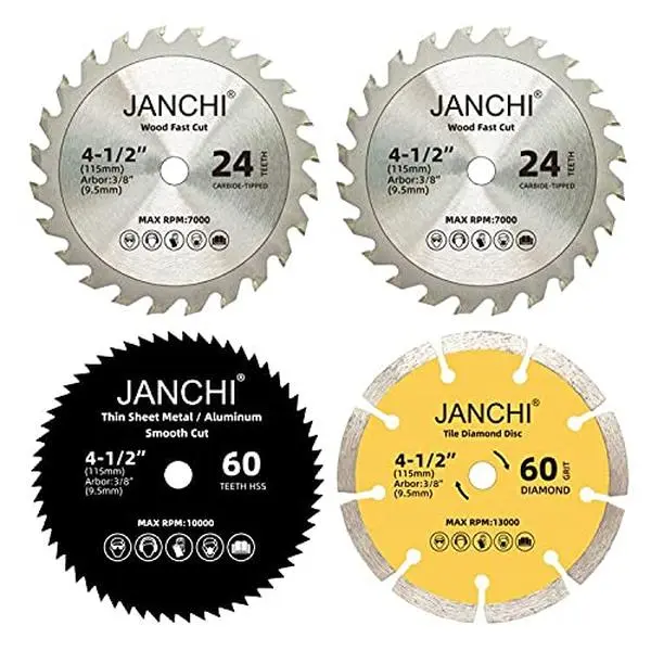 4 Pack Combo 4-1/2 Inch Compact Saw Blade Set with 3/8" Arbor, 24T TCT /60T HSS /60# Disc Blade for Wood//Sheet/Tile Fast Cutting