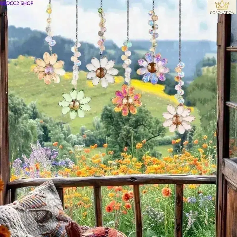 Crystal Flower Suncatcher Window Hanging Decor, Aesthetic Rainbow Maker Prism Ornament with Light Reflecting Crystal Design, Boho Sun Catcher Hanging for Bedroom, Living Room, Garden Patio, Cottagecore Home Decor & Unique Gift Idea