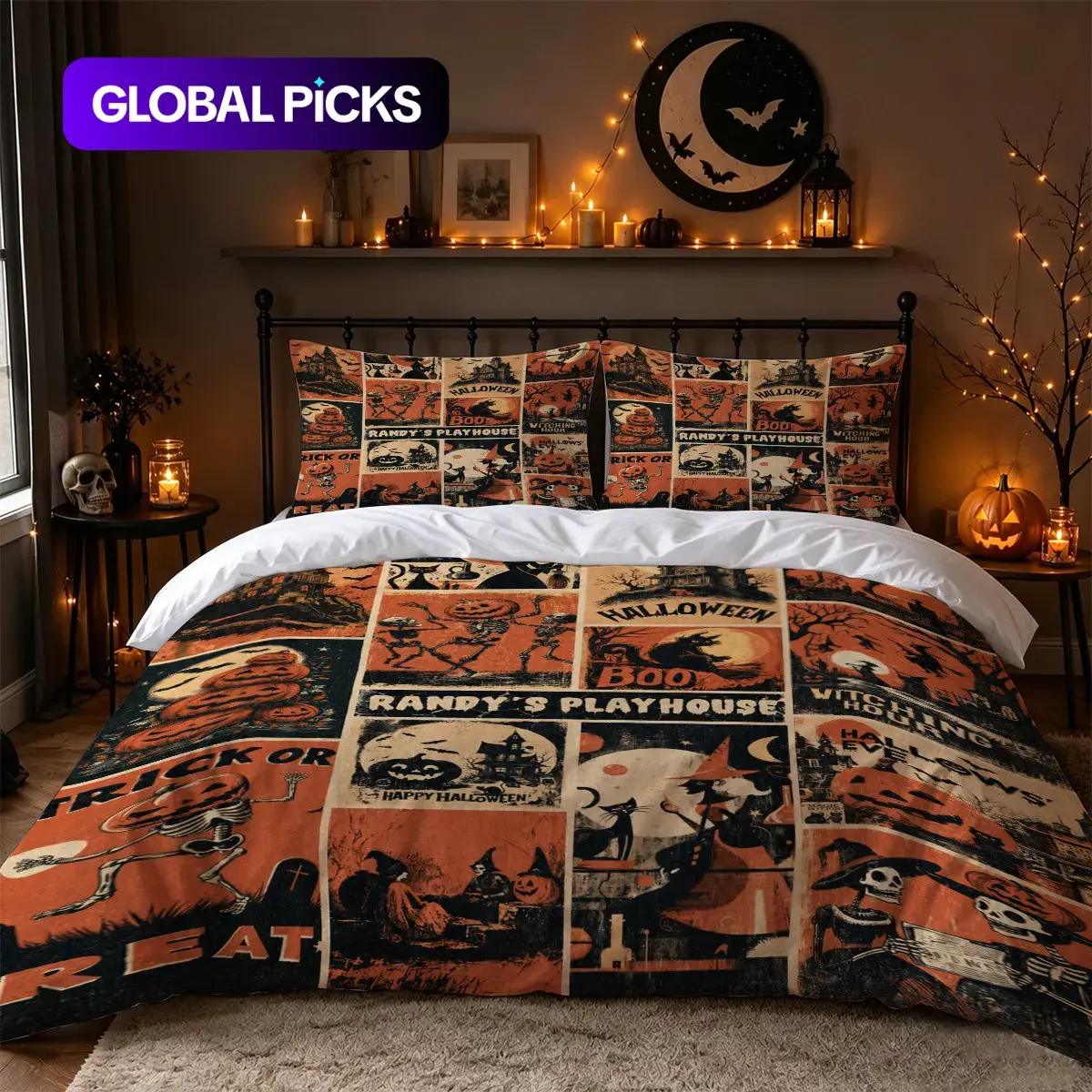 3Pcs Vintage, Spooky Patterns, Halloween Skeleton Witch Pumpkin Poster Collage Print Duvet Cover Set, Retro Trick or Treat Bedding with 1 Duvet Cover and 2 Pillowcases, No Comforter, Orange Black Bedroom Decor for Adults, Guest Rooms, Dorms