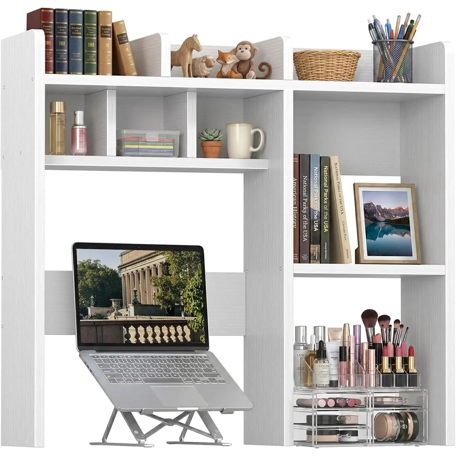 Desk Hutch White Desktop Bookshelf Shelf - 37 Inch Computer Desk Organizer for Dorm Room, Wood Storage Rack for Home Office Desktop Display Shelves, Small Bookcase for Top of Desk