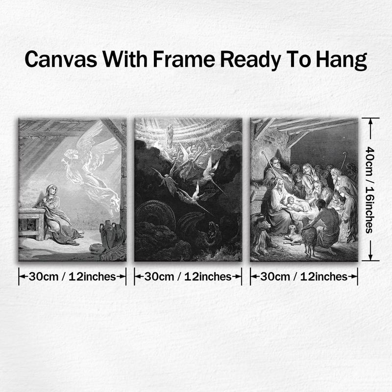 3 Counts Wooden Framed Canvas, Nativity Scene Angel Mary Jesus, Exquisite Poster, Perfect Living Room Decoration, Fashion Family Poster, Wall Art Decoration, Odorless, Waterproof, Artwork, Western Wall Art