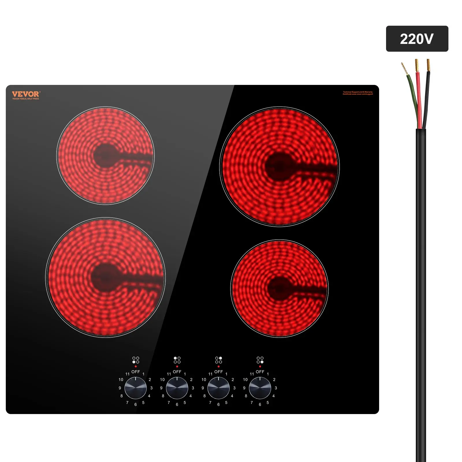 VEVOR Electric Cooktop, 24 inch 4 Burners Built-in Electric Stove Top, 6000W Ceramic Top Radiant Cooktop, with Glass Panel, Knob Control, 11 Heat Levels, 220-240V, Hard Wire (No Plug)