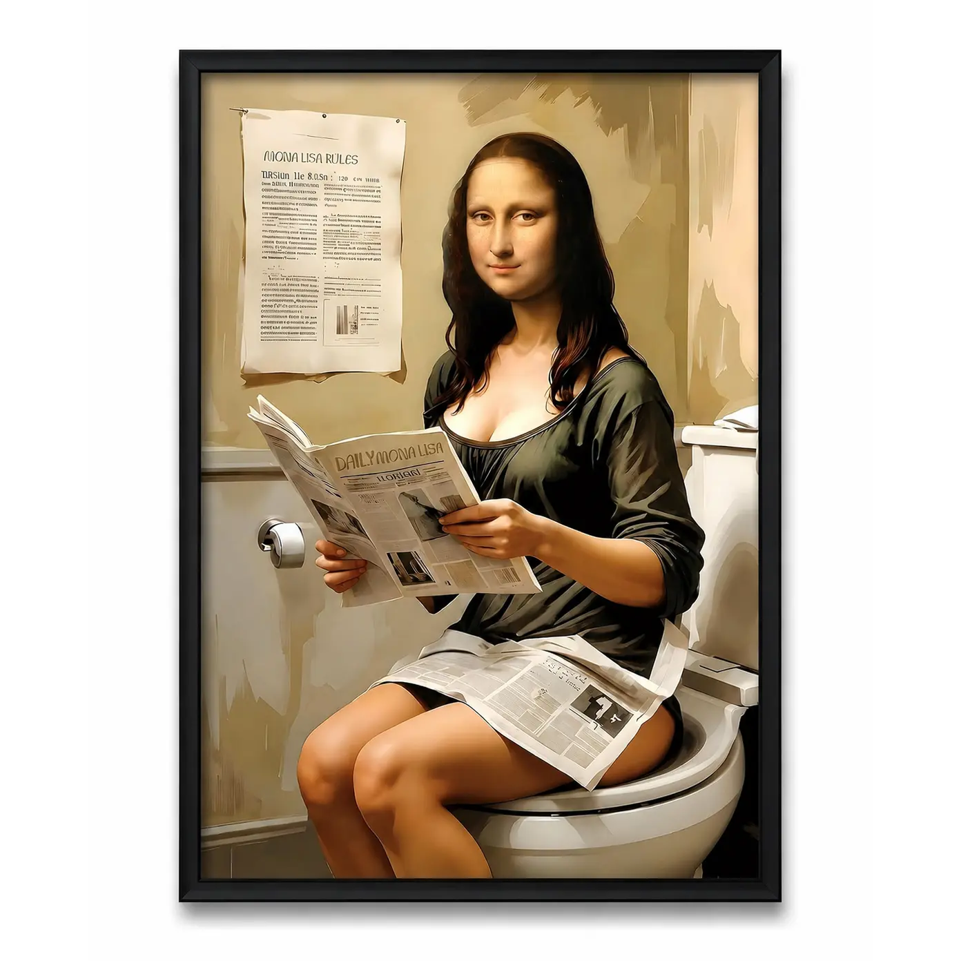 Mona Lisa on Toilet Framed Canvas Wall Art, Humorous Newspaper Reading Poster Print, Vintage Funny Bathroom Decor for Restroom Guest Bath