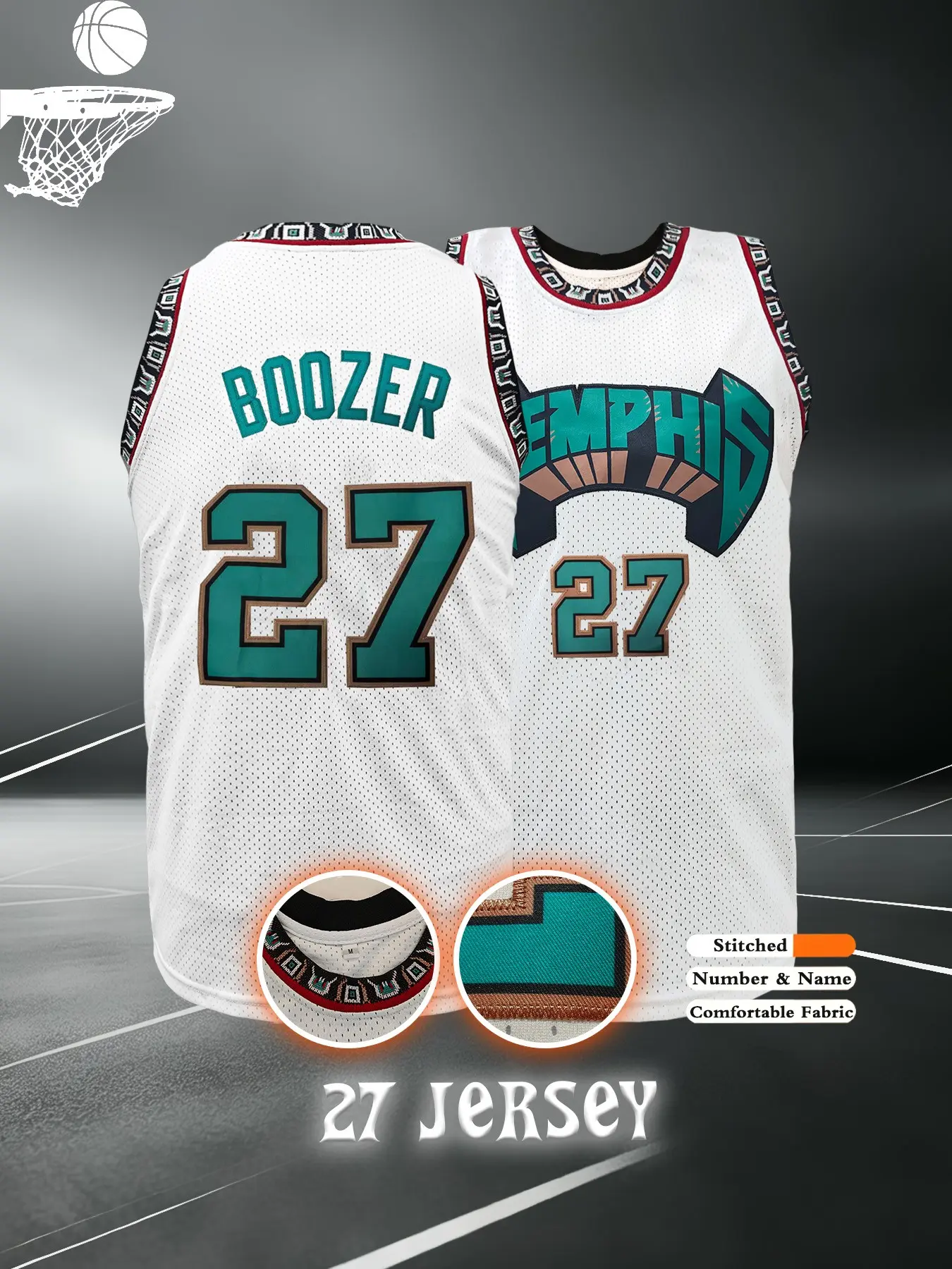 Men's Memphis #27 Retro Basketball Jersey, Classic Letter Embroidery Sports Wear, Loose Breathable Comfort Sleeveless Vest, Unisex for Outdoor Activities, Lightweight Breathable Jersey