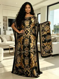 Plus Size Women's Black Gold Baroque Ethnic Print Maxi Kaftan Dress with Matching Headscarf 2 Piece Set, Lightweight Breathable Loose Batwing Beach Cover Up, Loungewear Nightgown Pajama for Resort Pool Home Sleepwear