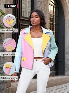 Geschallino Women's Stylish Fitted Motorcycle Jacket with Colorful Patchwork, Zipper Pockets for All Seasons, Short Design with Collar