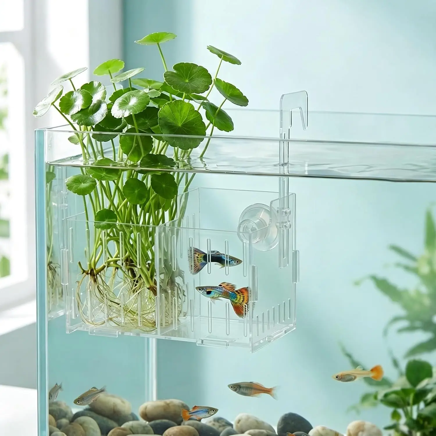 Aquarium Plant Holder with Suction Cups Double Compartment Fish Tank Plant Basket Hanging Hydroponic Planter Aquarium Breeder Box for Fry Shrimp Separation Double Basket