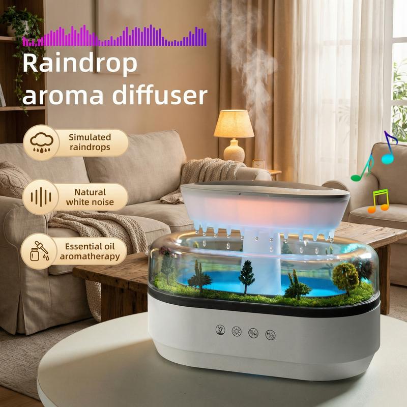 Raindrop Aroma Humidifier Diffuser with Cool Mist & Rainfall Ambience 8 Color-Changing Night Light USB-Powered Silent Mist Sprayer for Home & Work
