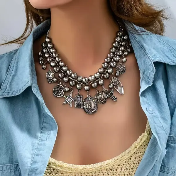Women's Fashion Luxury Bead Necklace - Western-Style Casual Wide Bib Multi-Strand Zinc Alloy Gunmetal Piece with Rose, Pentagram, Oval, Love, Cross, Teardrop, Vintage Carved Charms, Rhinestone Accents, Ideal Unique Gift for Casual Wear, Bead Necklaces