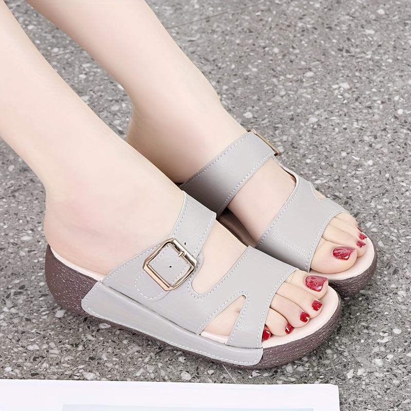 Women's Cork Footbed Slides Adjustable Buckled Slip On Slippers Open Toe Softy Flat Sandals Summer Leather MDSole Comfort Support