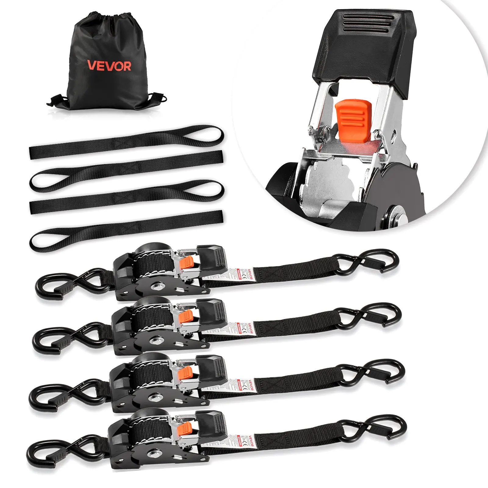 VEVOR Retractable Ratchet Straps, 1 inx 6 ft, Tie Down Straps with S Hooks, 1200 lbs Break Strength, 4 Soft Loops, Tie Down Ratcheting for Moving, Trailers, Motorcycles, Kayaks, Car Roof, 4 Pack
