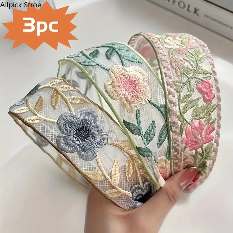 3 Pack Embroidered Floral Chiffon Headbands for Women, Elegant Flower Hair Scarves, Soft Hair Tie Headbands, Boho Cottagecore Fashion Hair Accessories for Daily Wear, Vacation & Spring Summer Outfits
