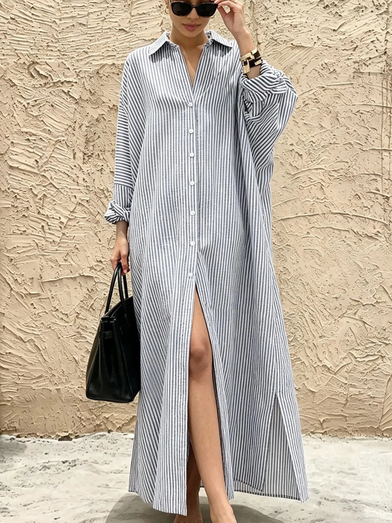 A fashionable and relaxed striped long loose dress for women, featuring a side slit, is casual and versatile, suitable for spring and summer, beach vacations, travel, shopping, dating, and everyday wear at home. Long Sleeve
