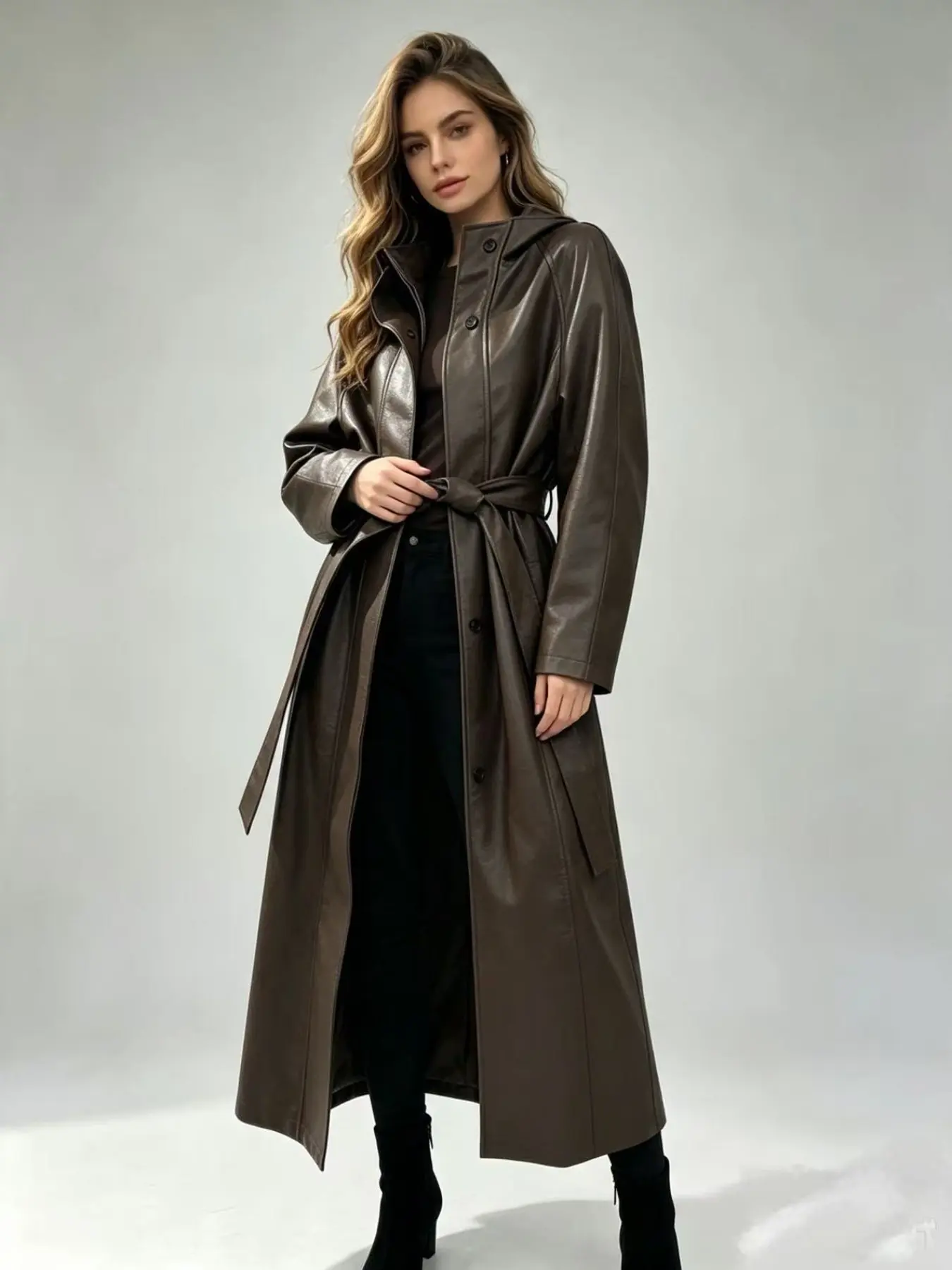 Women's High Neck Faux Leather Long Coat, Belted Vintage Leather Jacket, Loose Fit Long Sleeve Windbreaker, Fall Winter Streetwear